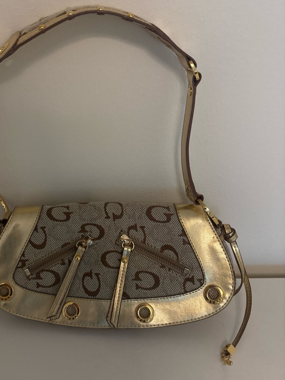 Guess Gold and Brown Signature Shoulder Bag with Tassel Zips